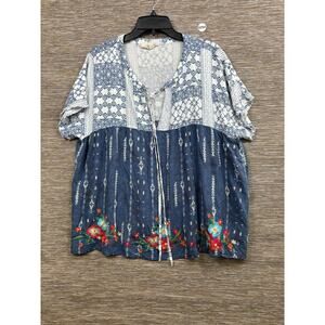 Savanna Jane Blouse Womens 1X Floral Embroidered Boho Tunic Top Short Sleeve